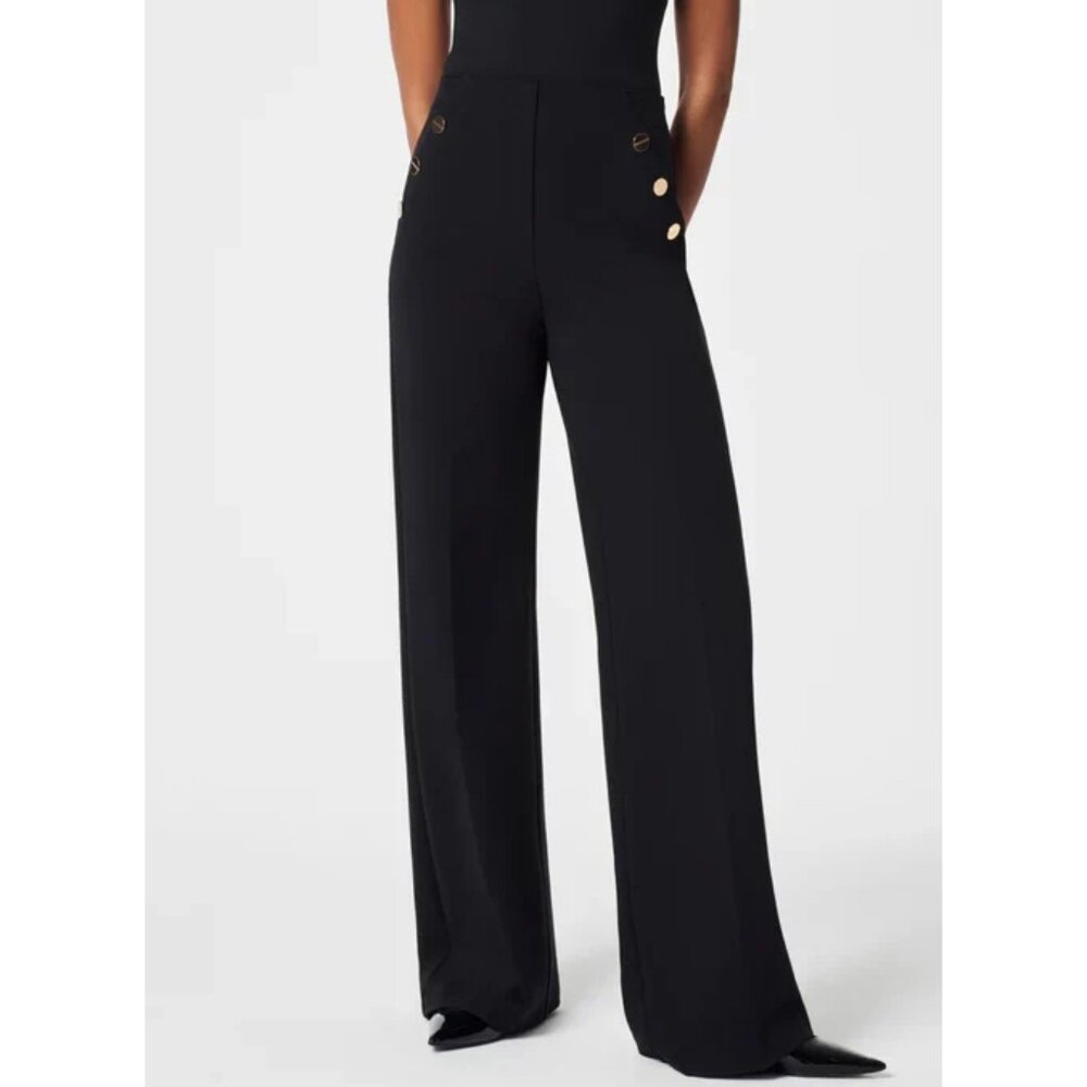 Spanx Ponte Button Front Wide Leg Classic Black High-Rise Waist Stretchy Trouser